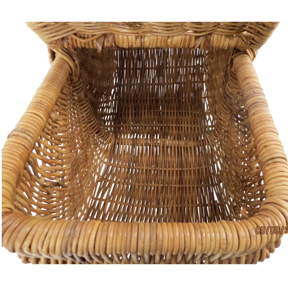 Vintage French Country Wicker Picnic Basket Double Bottom Rattan Hinged Lid